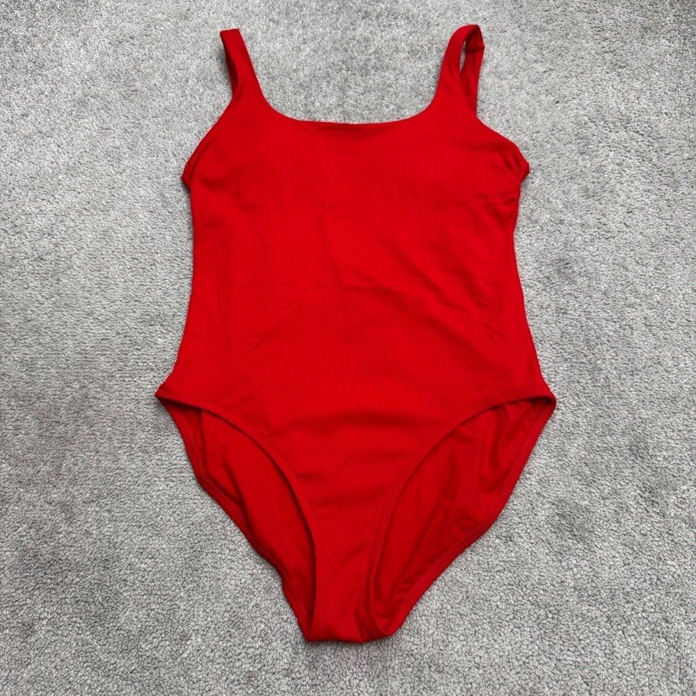 Athleta Ribbed One Piece Swimsuit Padded Womens Medium Bright Red Scoop Neck